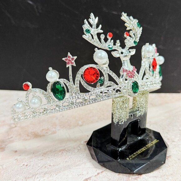 Festive Holiday Crown, Christmas Headband, Silver Tiara Crown, Reindeer Crown - Picture 5 of 8